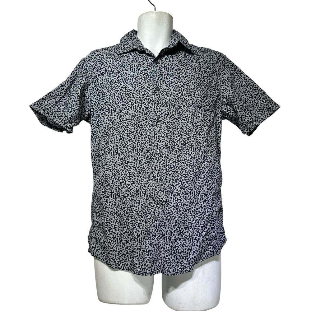 Michael Kors Slim Fit Short Sleeve Button Shirt Navy Abstract Print Size M